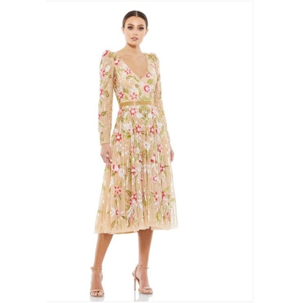 Mac Duggal Dress Gown Floral Womens Size 6 Floral Beaded Sequin V Neck 5415 $598